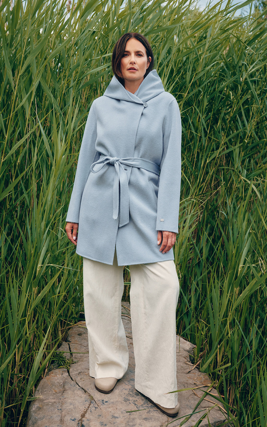 Arlette, Hooded semi-fitted wool coat with tie belt | Soia & Kyo Canada